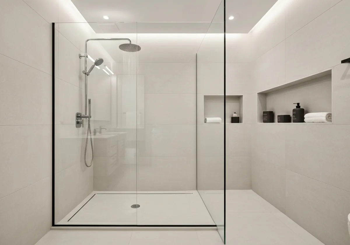 Modern bathroom with a large walk-in shower and frameless glass enclosure