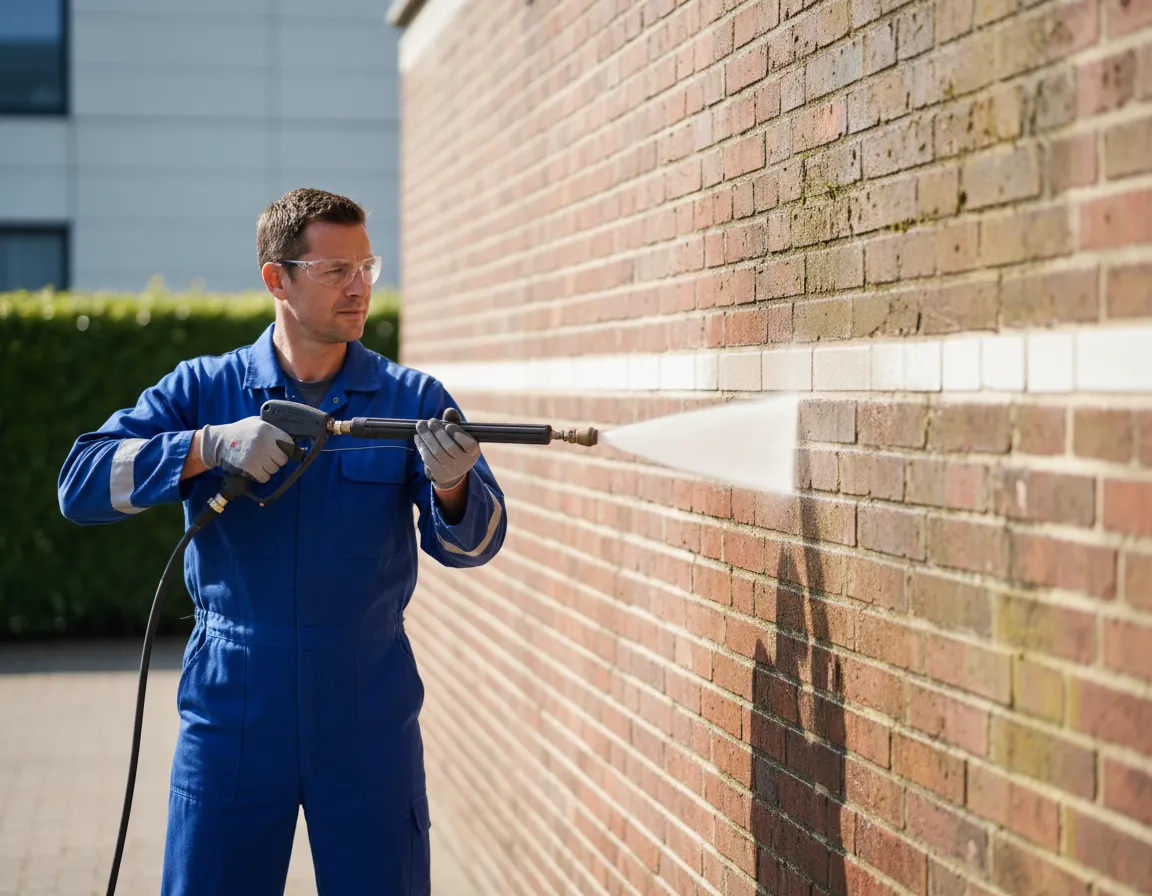 Worker pressure washing a wall