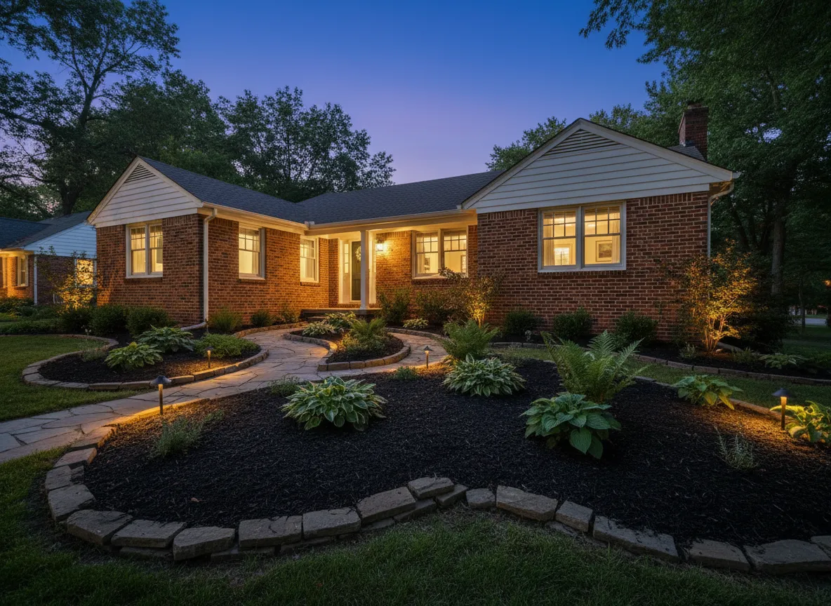 Kansas City residential landscaping project at dusk