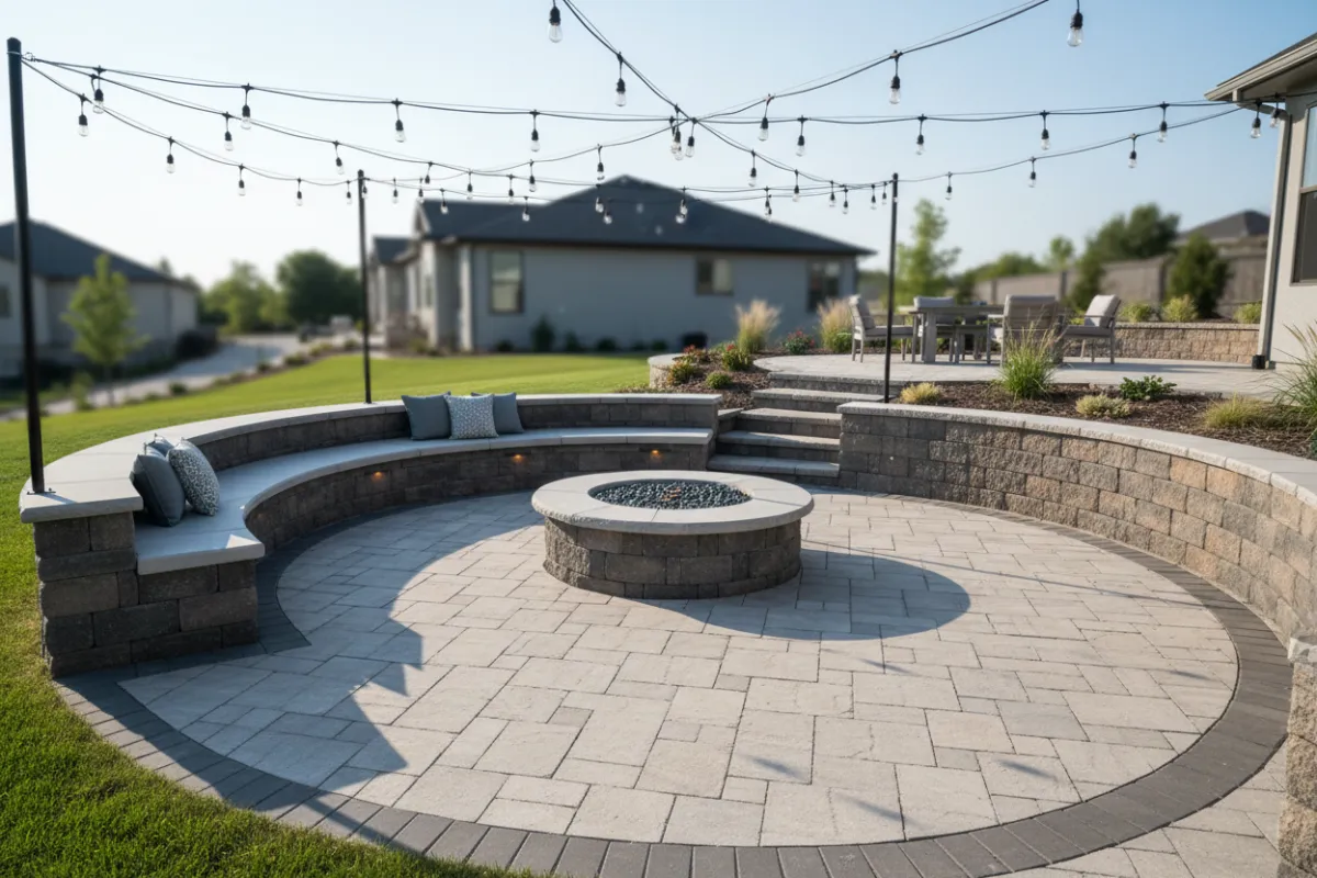 Finished outdoor living space with paver patio, seating wall and fire pit