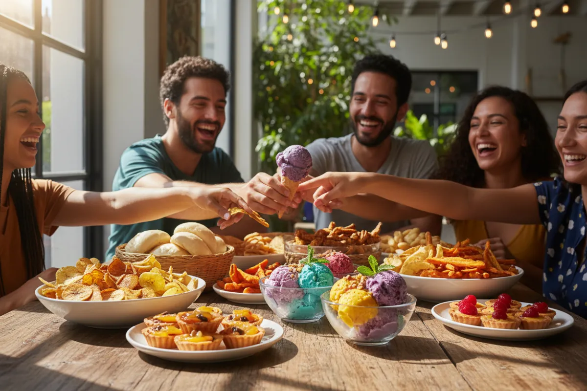 A vibrant, inviting display of assorted local snacks and colorful ice cream treats arranged on a rustic wooden table, with sunlight streaming in and a cheerful, diverse group of friends reaching for their favorites. The background is softly blurred, emphasizing the freshness and variety of the food.