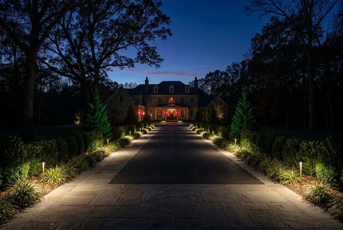 Symmetrical estate driveway and garden walkway illuminated with heavy duty ground stake lights at dusk