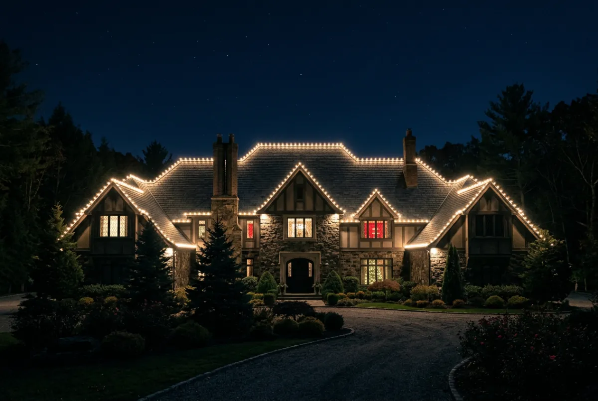 Nighttime photography of luxury estate with precision C9 warm white roofline and ridge line lighting