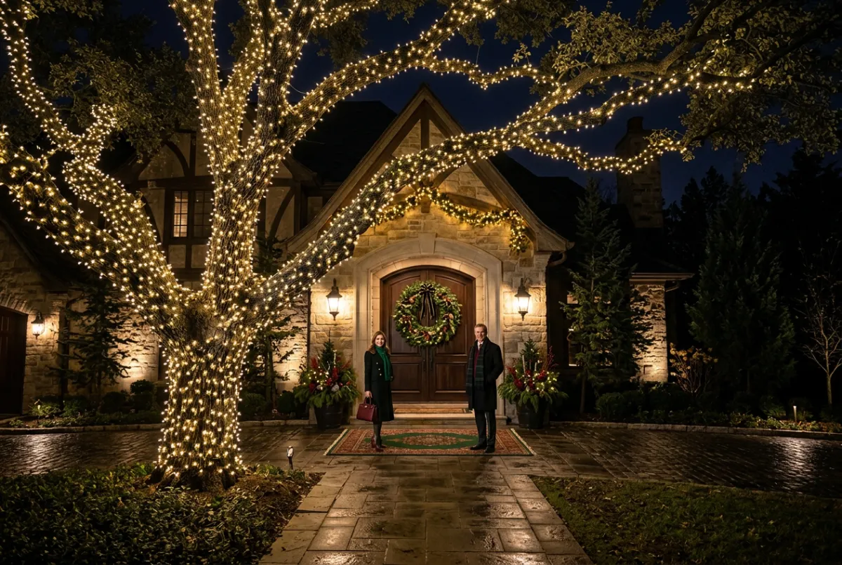 Grand architectural residence with dense warm white trunk and branch wrapped mature oak trees and lit front entrance wreath