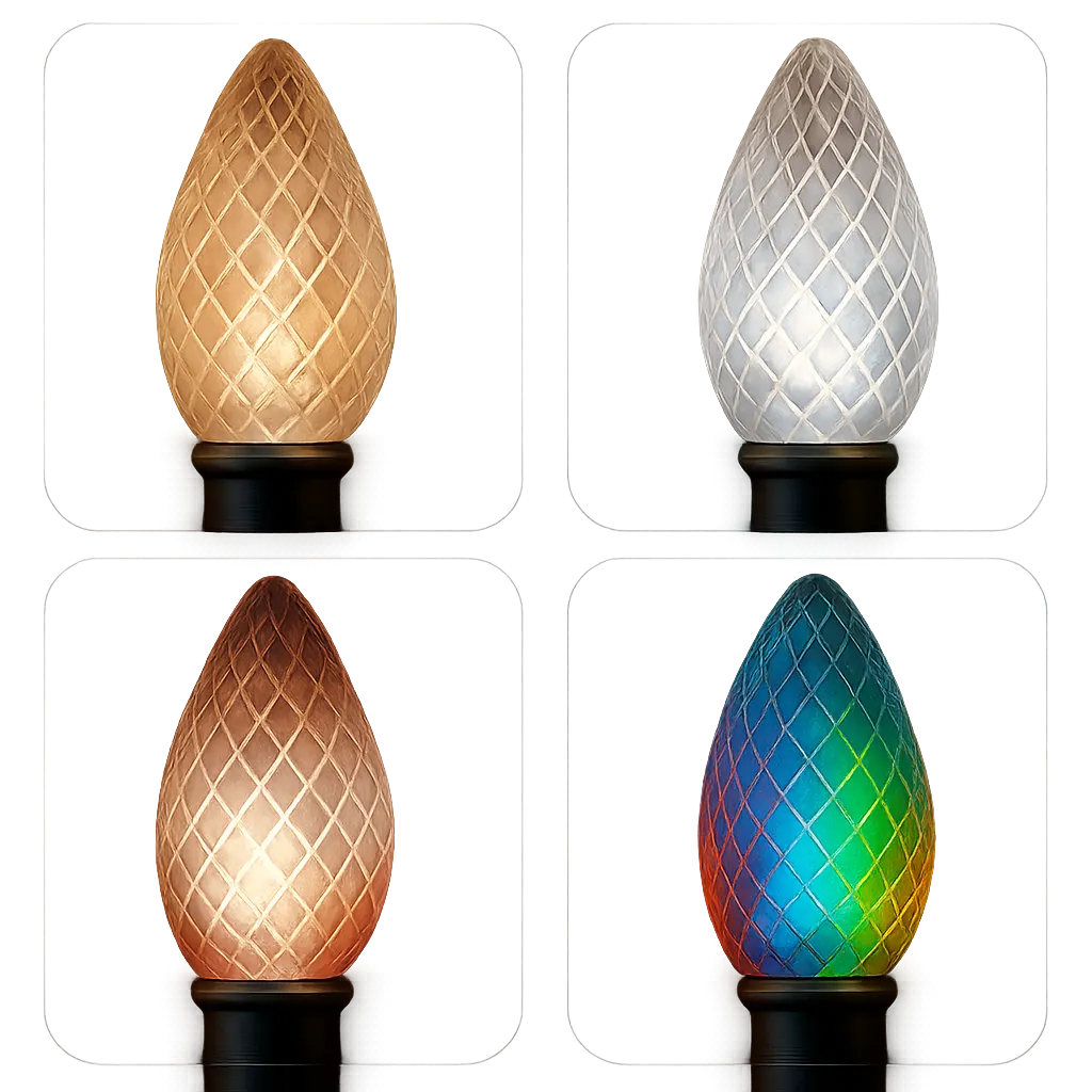 Glowing luxury C9 LED architectural holiday lighting bulb options showcased in Warm White, Pure White, Candy Cane, and custom sequences