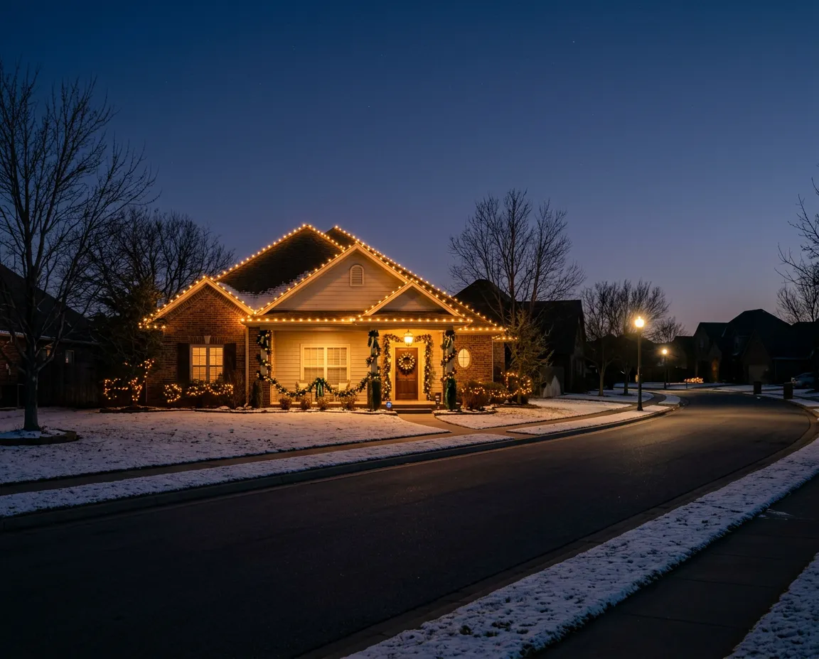 Warmly lit suburban street with elegant holiday roofline lighting in an Oklahoma neighborhood