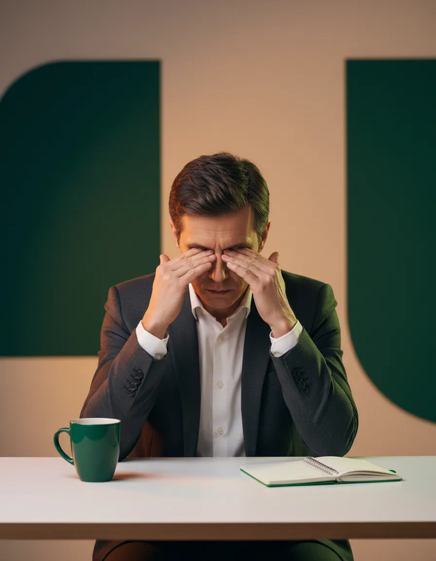Exhausted person resting head on hands, demonstrating the afternoon energy crash