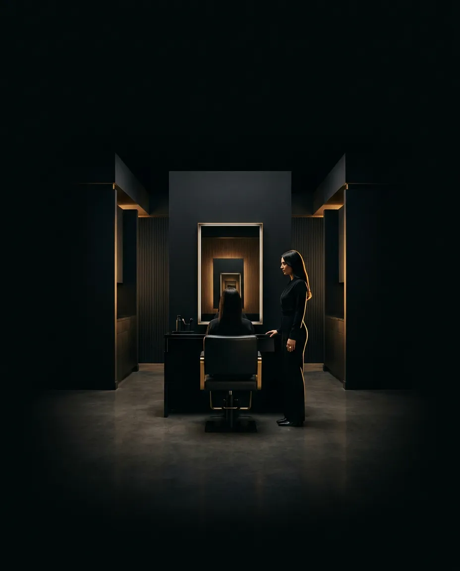 Luxury high-fashion editorial salon interior with architectural styling and minimalist aesthetic