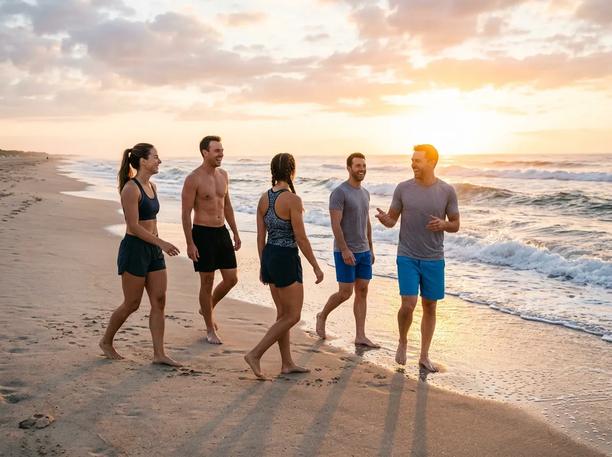 A group of four fit people standing and walking on a sandy beach at sunrise, ocean waves gently rolling in, backlit by the golden sun.