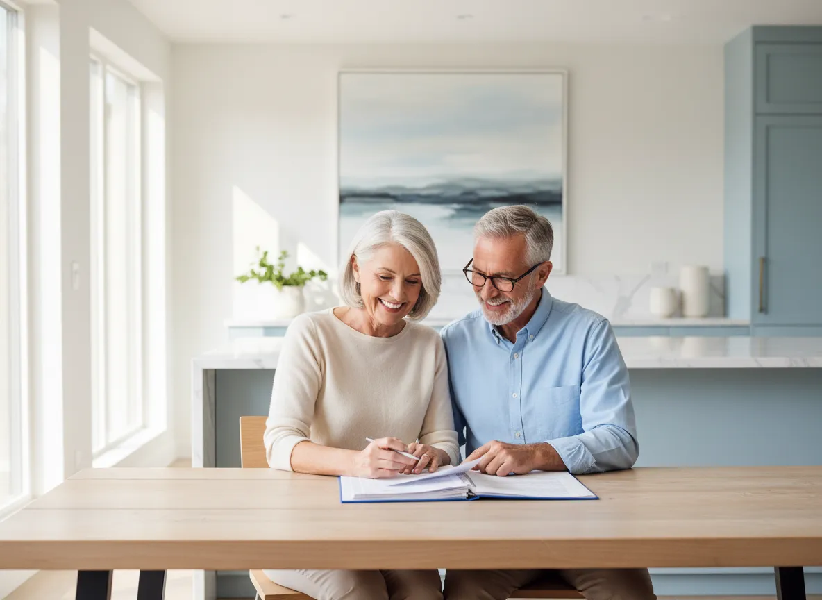 Smiling older couple reviewing their life insurance together at home