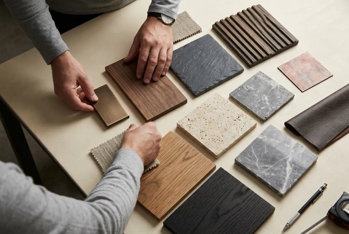 Architectural drawings paired with premium stone and hardwood finish samples