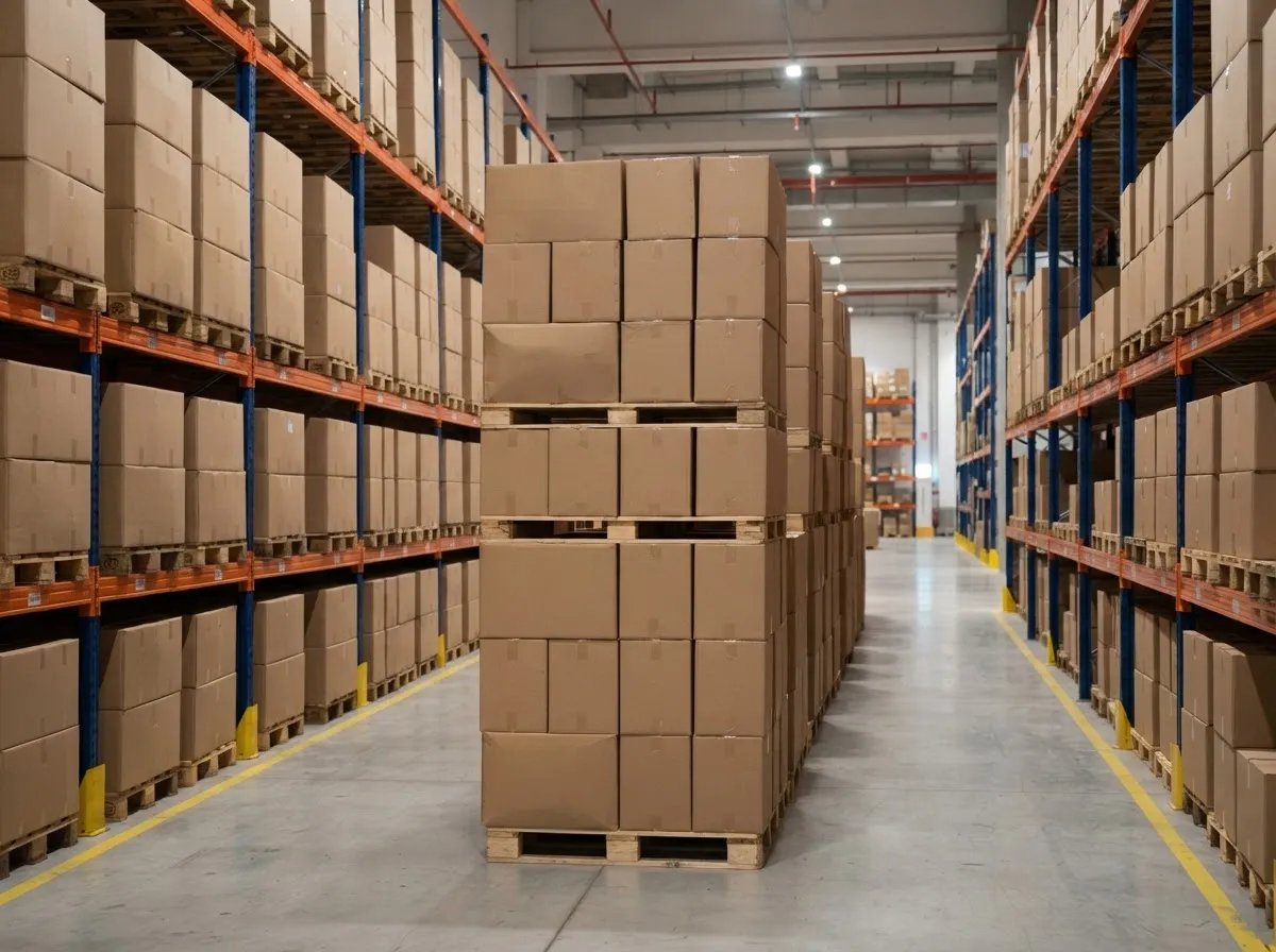 Uniform stacks of corrugated cartons in a warehouse aisle