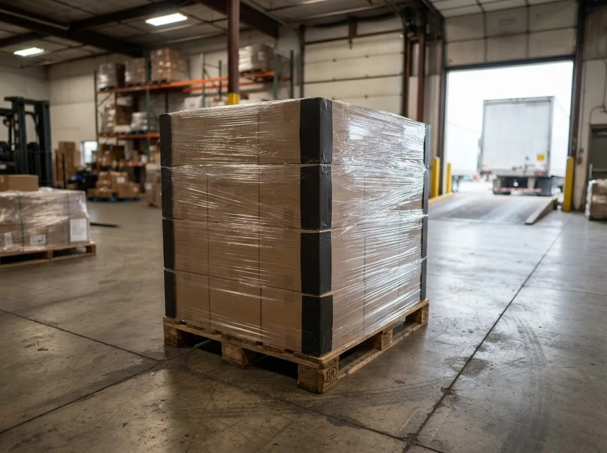 Finished pallet load fully stretch-wrapped with clear film, ready for shipment