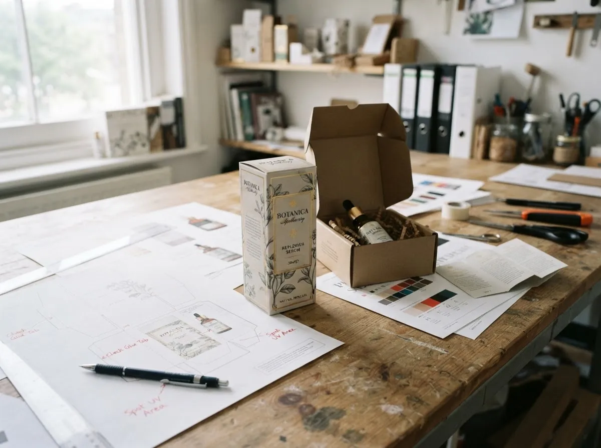 Custom packaging concept with a printed box mockup and artwork sheets on a work table