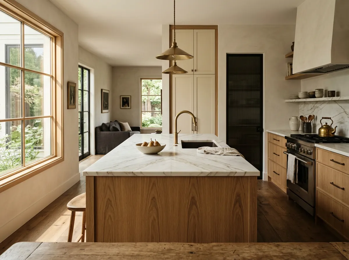 Custom modern luxury kitchen remodel with white oak island and quartzite countertops