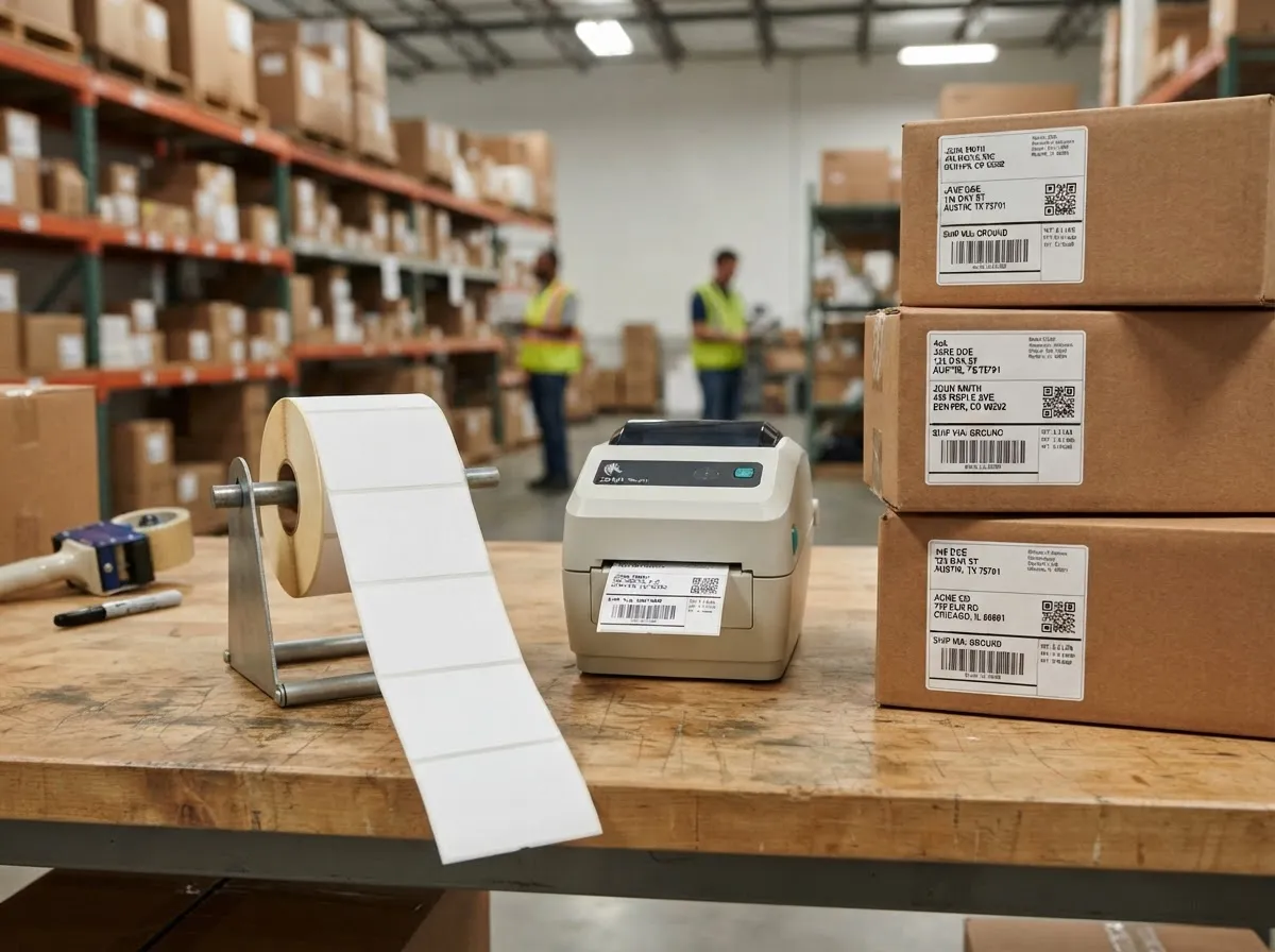 4 × 6 thermal shipping labels with label printer and labeled cartons in a warehouse