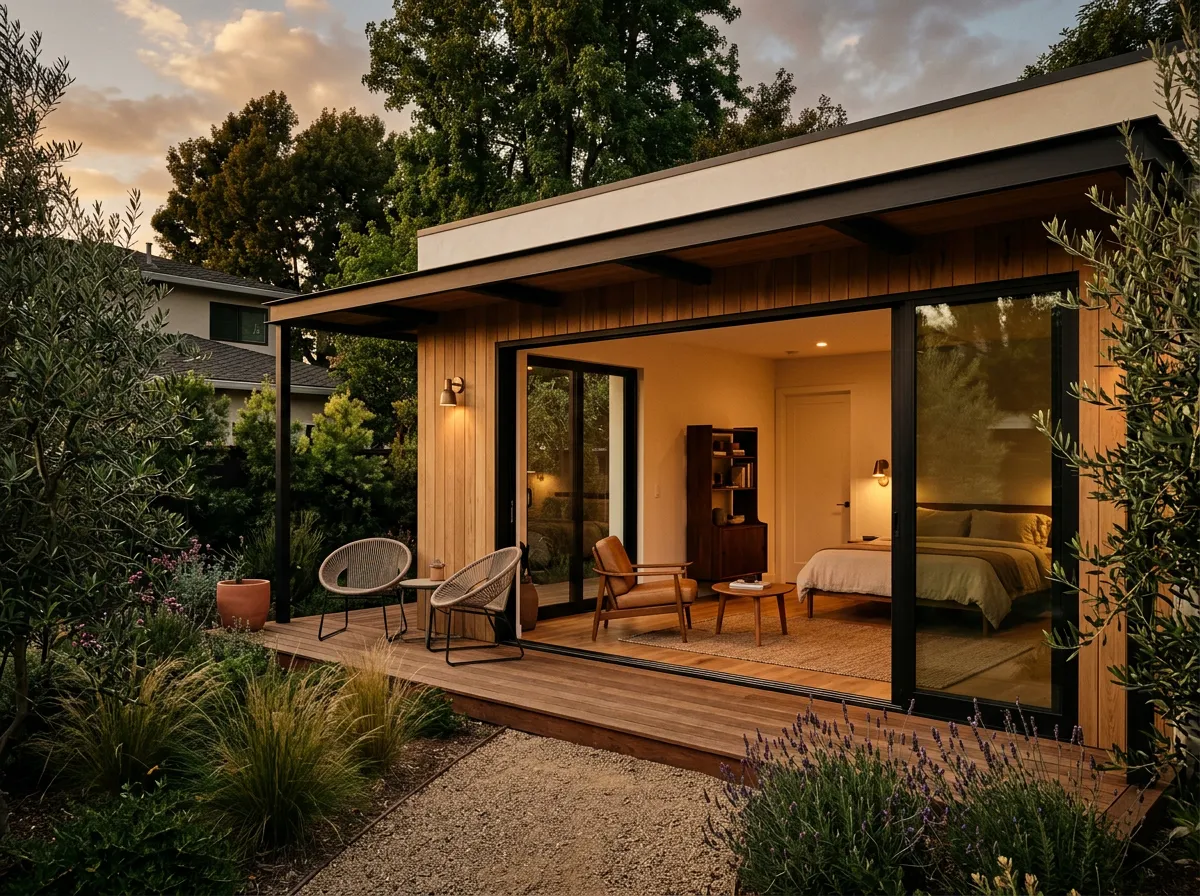 Modern standalone backyard ADU guest suite with clean architecture and glass sliders