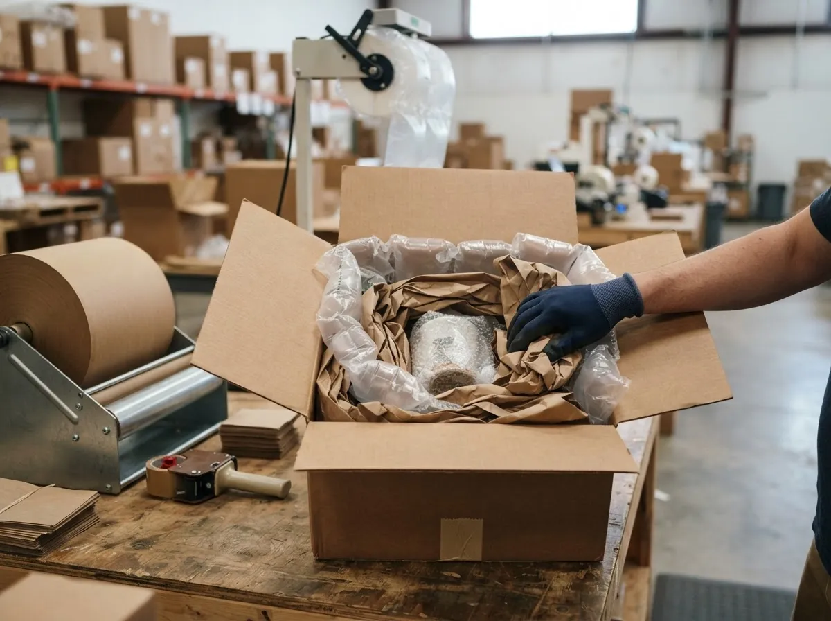 Kraft paper cushioning and air pillows used to fill voids inside a shipping carton
