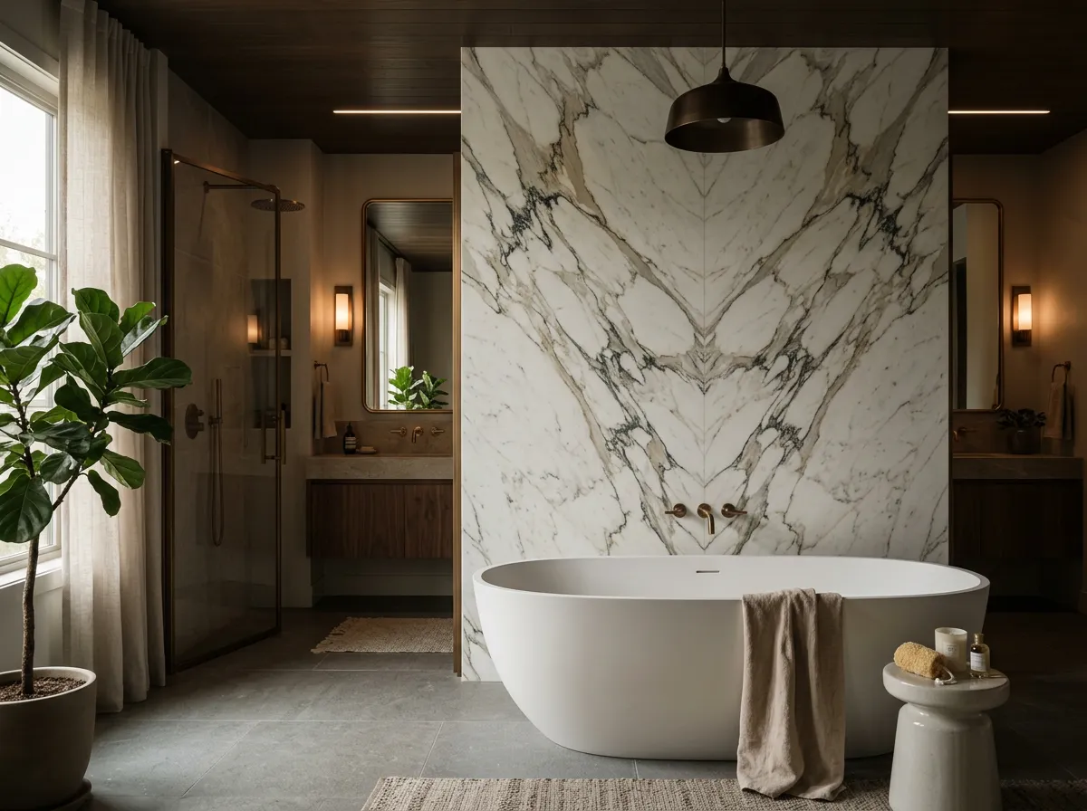 Spa-inspired master bathroom suite with freestanding tub and bookmatched marble slabs