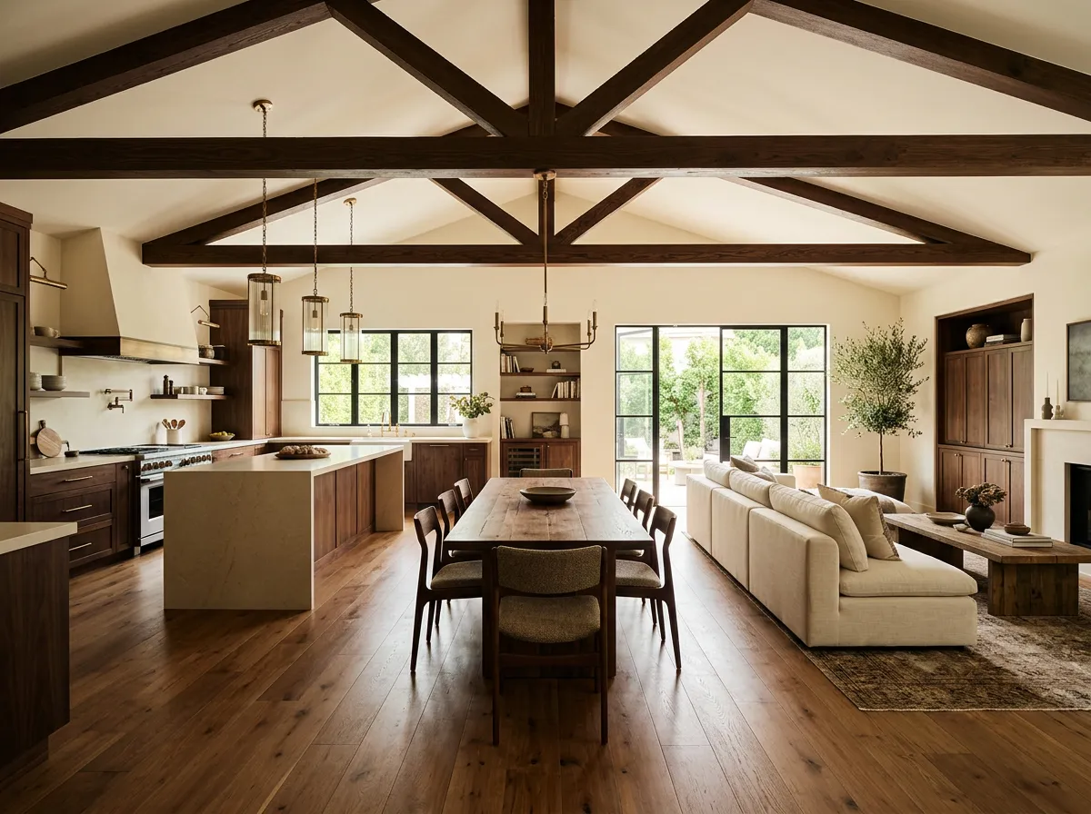 Open concept full home remodel featuring architectural ceiling beams and hardwood floors
