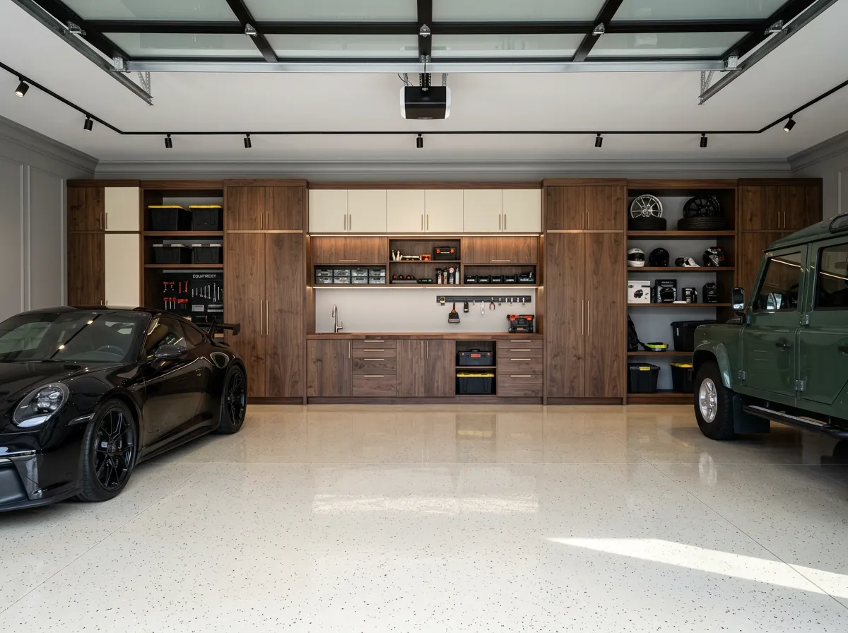 Luxury garage suite with polyaspartic epoxy flooring and custom built-in architectural cabinetry
