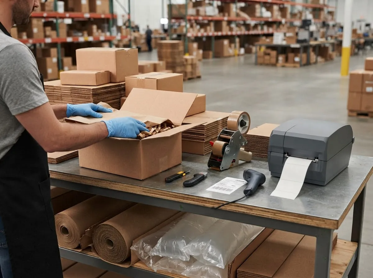 Fulfillment packing station in a warehouse with cartons, tape dispensers, label printer, and void fill supplies