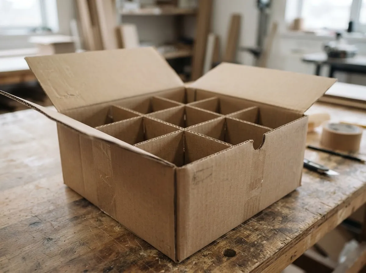 Custom-sized corrugated box with partitions/inserts on a workbench