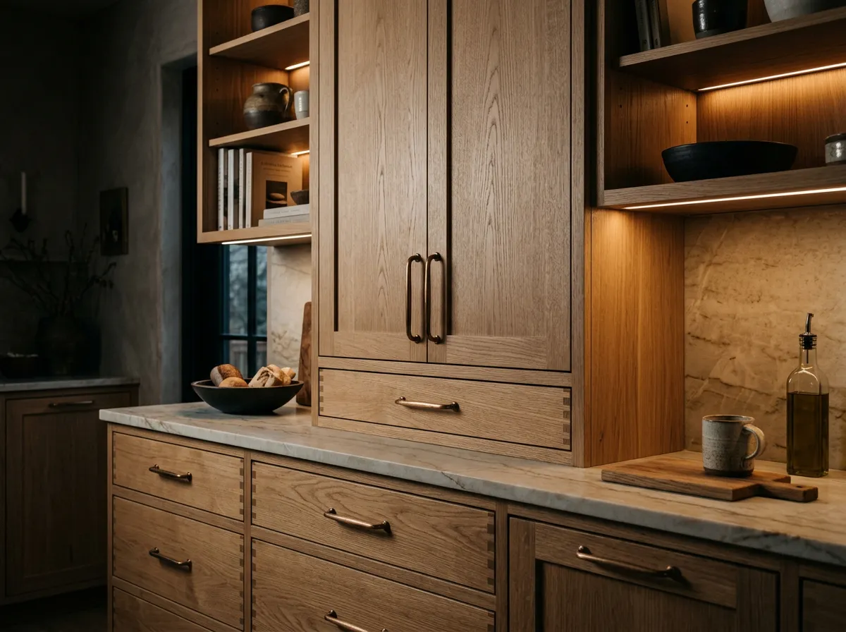Handcrafted custom white oak cabinetry with integrated warm ambient LED channel lighting