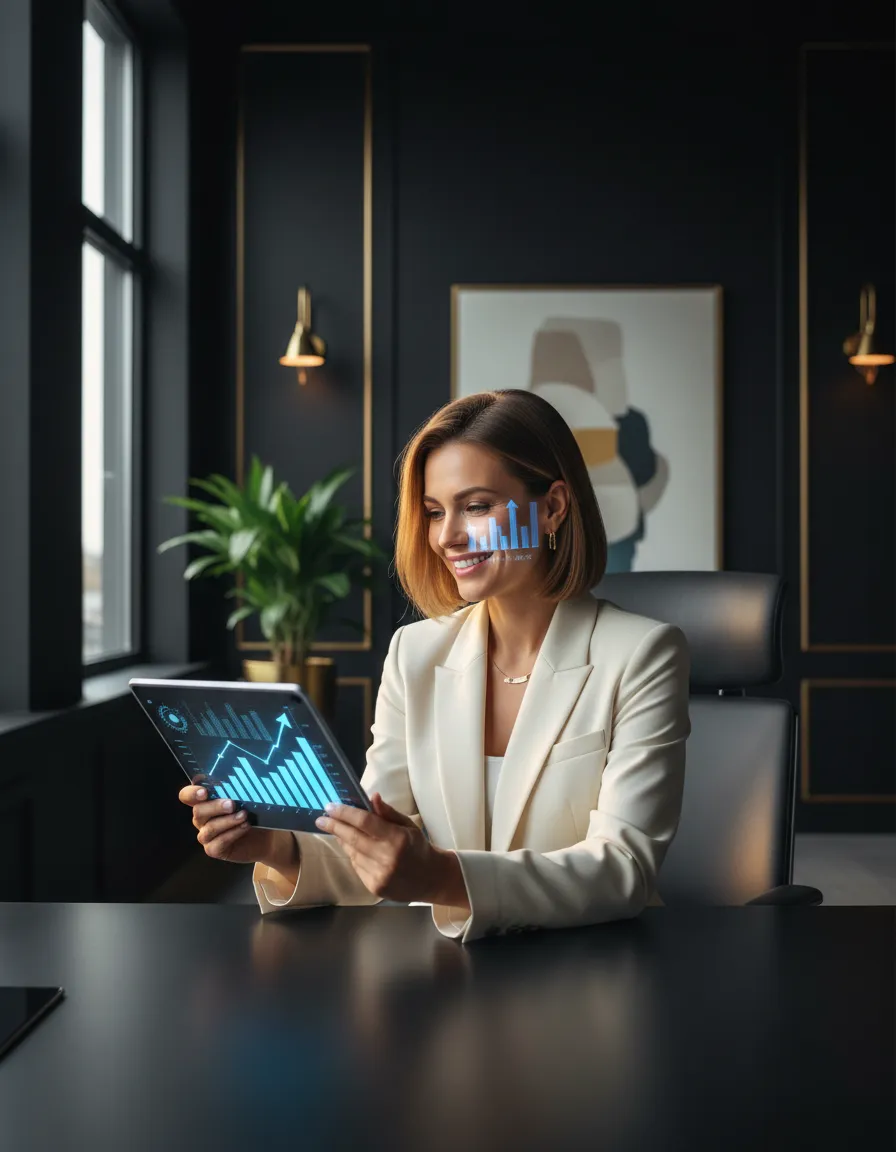 Business owner reviewing growth metrics on screen