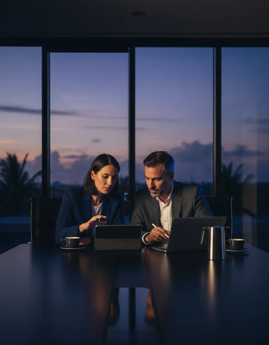 Professionals discussing technology strategy in a modern office