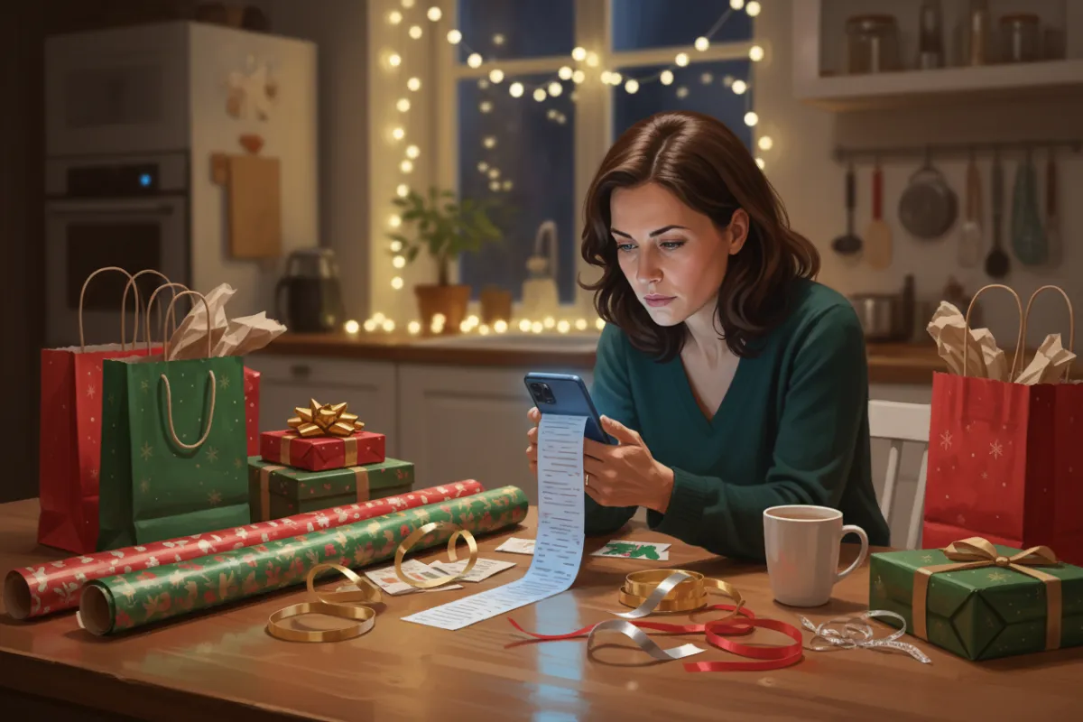 Busy mom looking at a long holiday gift list on her phone, surrounded by scattered wrapping paper and shopping bags, with a tired but hopeful expression.