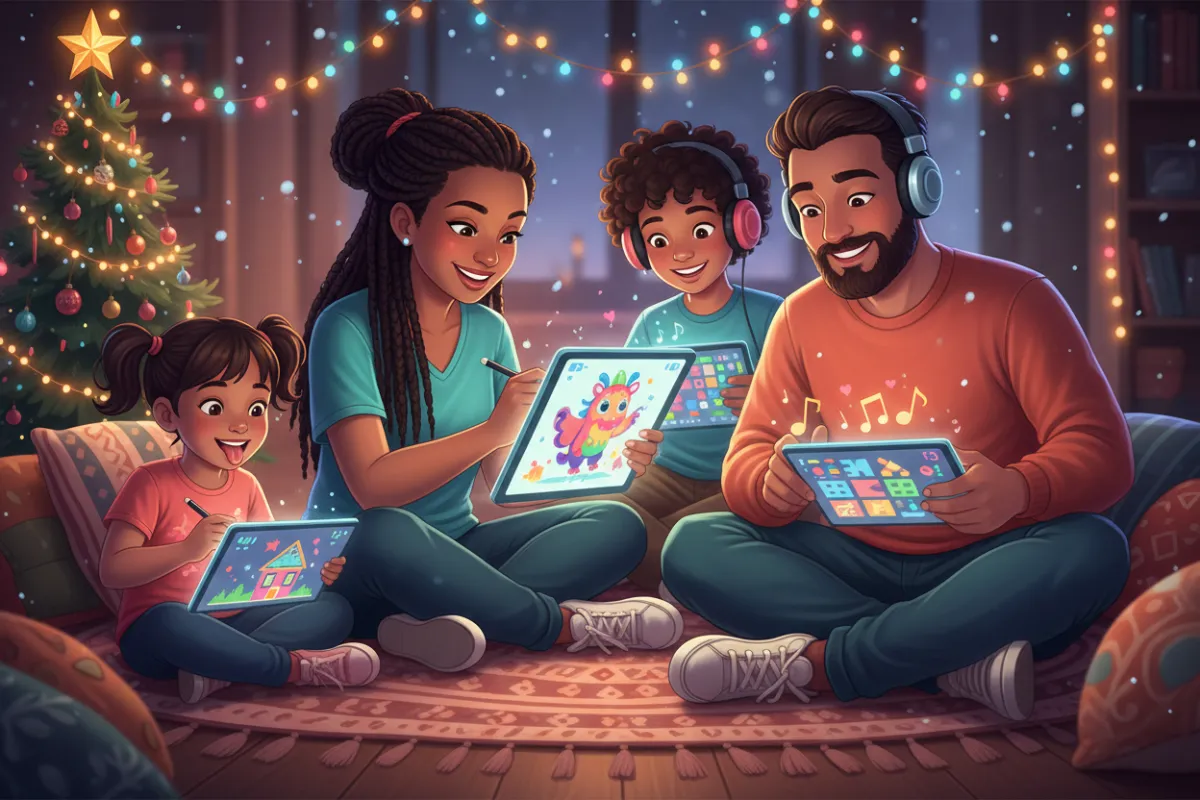 A vibrant digital illustration of a diverse family—mom, dad, two kids, and a teen—gathered around a tablet, each engaged in creative activities like drawing, music, and design. The background features festive holiday lights and subtle snowflakes, evoking warmth and togetherness.