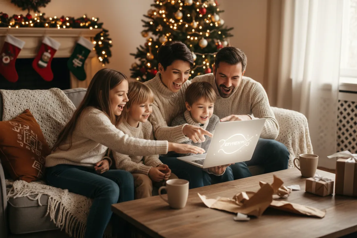 A joyful family unwrapping a digital gift together in a cozy living room, with a laptop open to the Revven Pro welcome screen. Laughter, holiday decorations, and excitement fill the scene.