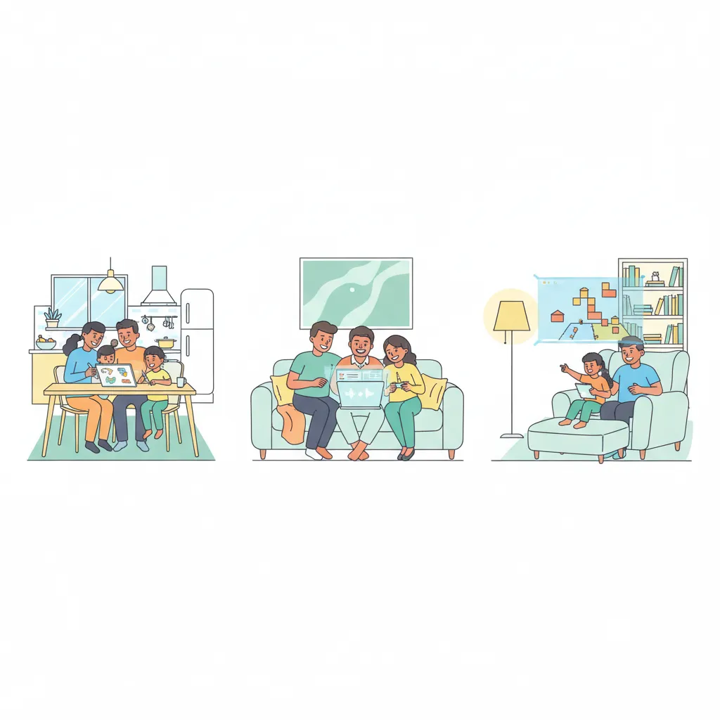 A flat vector illustration showing three diverse families, each in their own home setting, smiling and using digital devices together. One family is at a kitchen table, another on a living room couch, and the third in a cozy study, all engaged in creative activities.