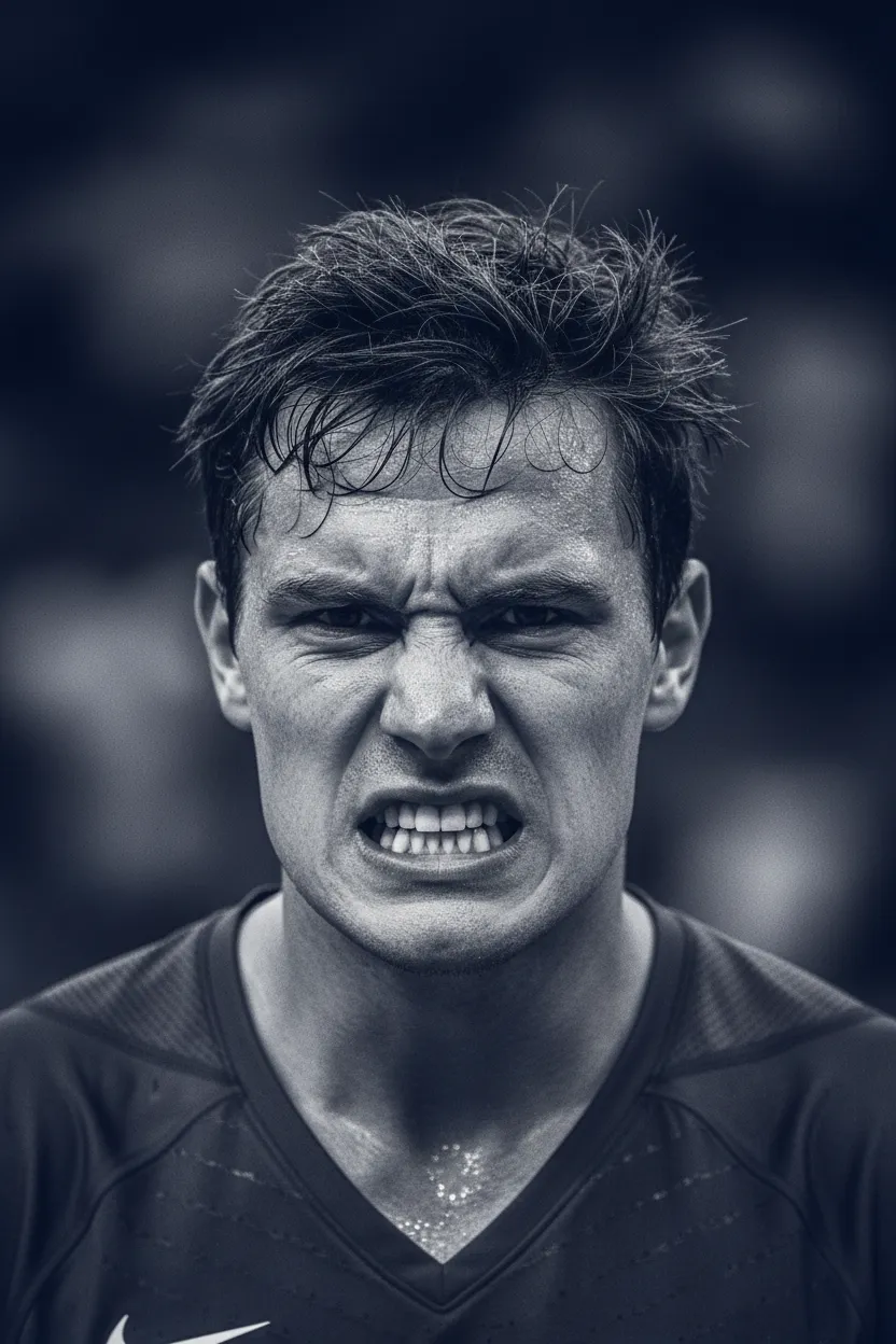 Gritty black and white photo of a frustrated athlete on the bench