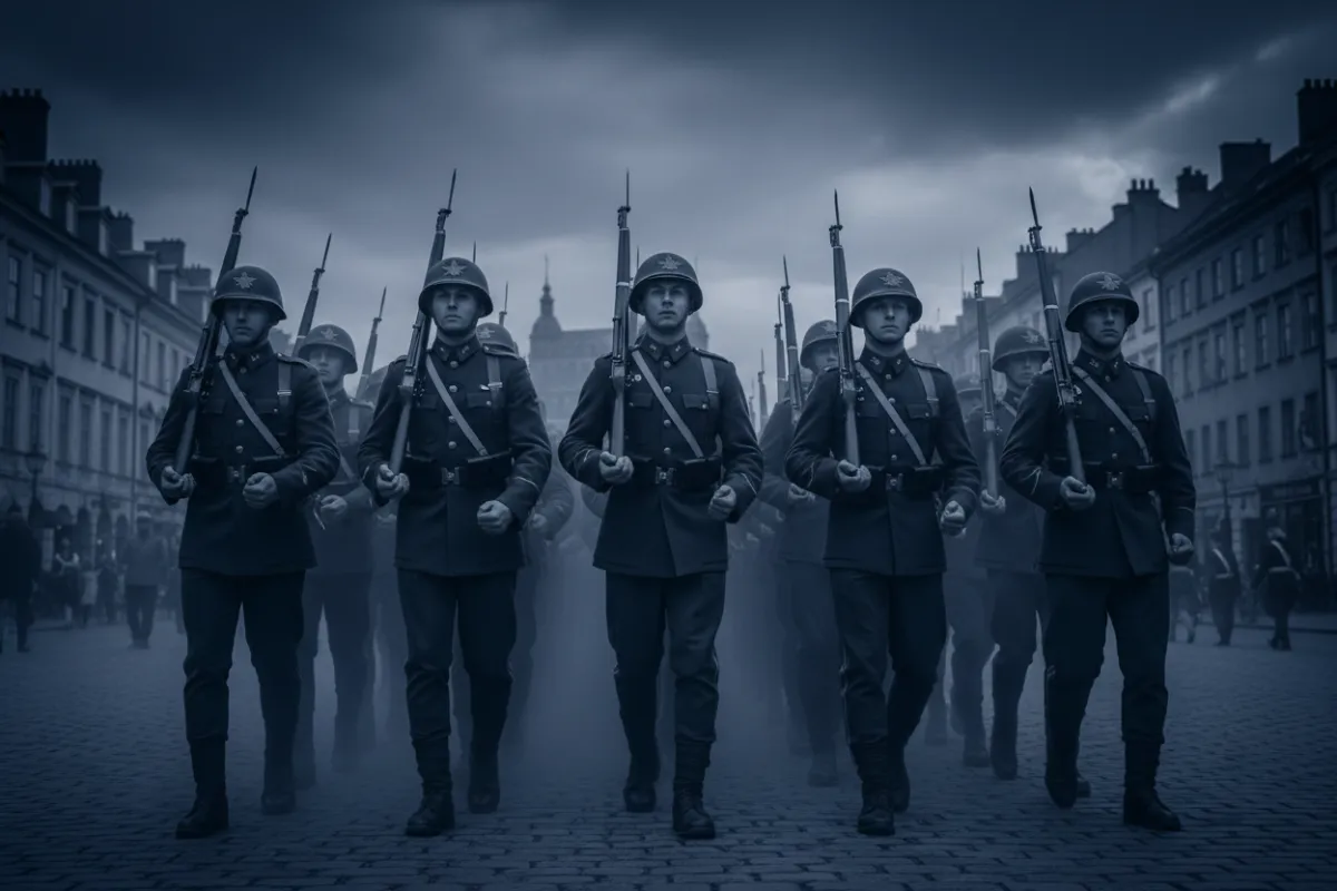 Gritty black and white photo of soldiers marching in formation
