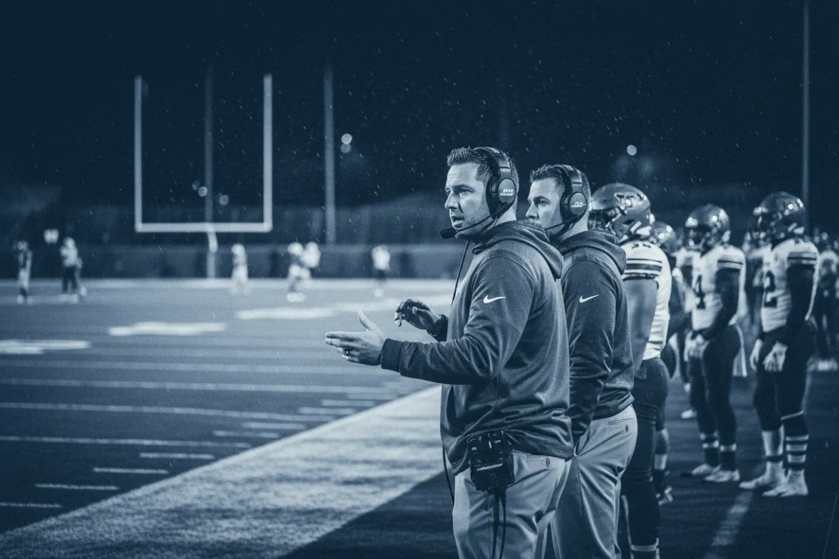 Gritty black and white photo of an athlete and parent on the sideline