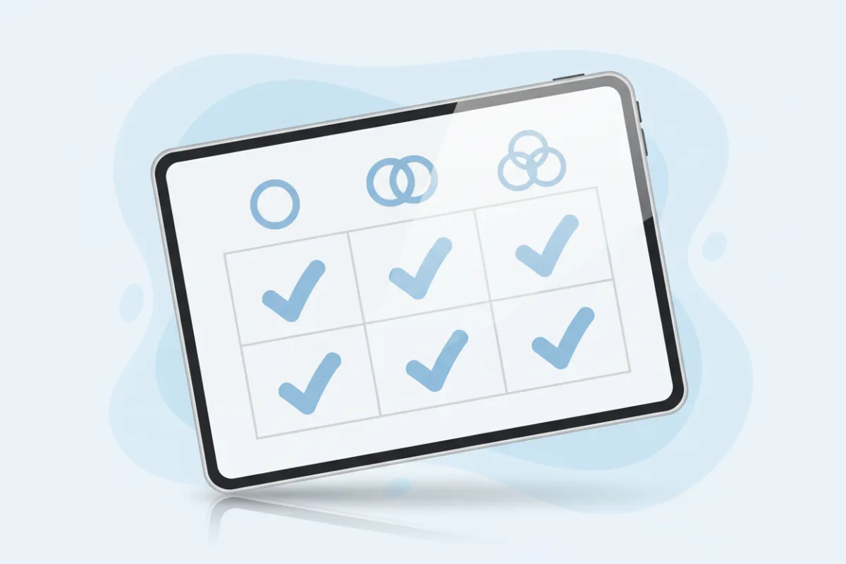 A clean digital illustration of a simple pricing table on a tablet screen, with clear columns and checkmarks. The background is light and uncluttered, with subtle blue and gray accents. The image conveys transparency, simplicity, and professionalism.