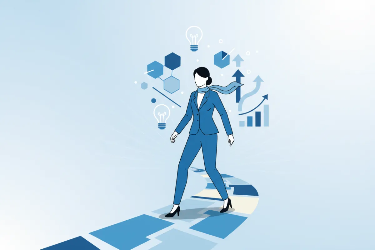 A vector illustration of a businesswoman confidently stepping forward onto a stylized path, with abstract icons representing growth and technology in the background.
