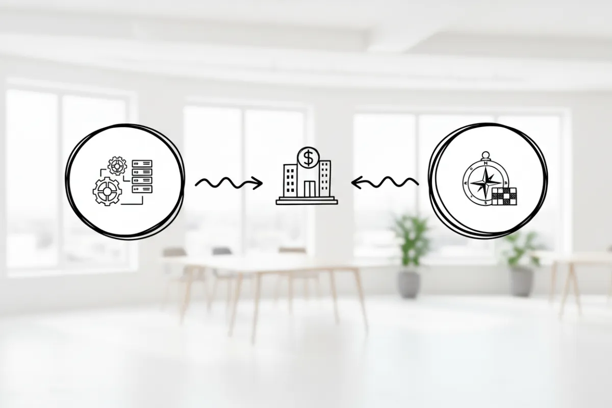 A hand-drawn diagram on a whiteboard showing two non-overlapping circles labeled 'Infrastructure' and 'Strategy', with arrows pointing to a central business icon. The setting is a modern office, and the diagram is clear and visually simple.