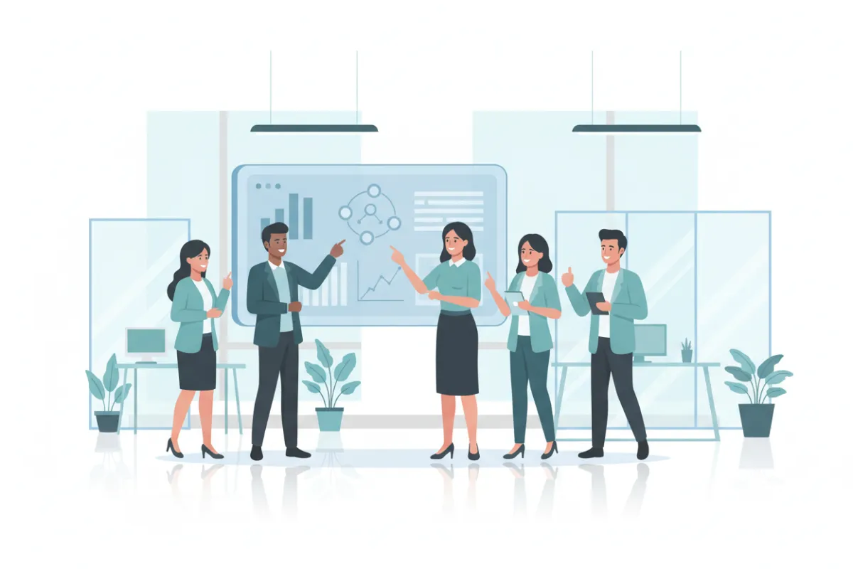 A flat illustration showing a diverse group of business professionals gathered around a large digital dashboard, with charts and workflow icons, set in a modern, softly lit workspace. The scene conveys collaboration and empowerment, with subtle blue and neutral tones matching the Rooted in Revenue brand palette.