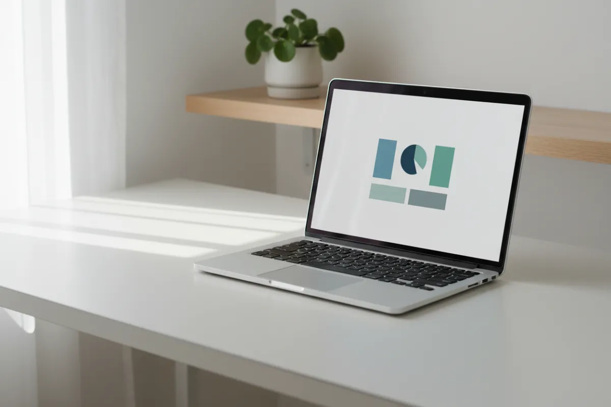 A minimal photograph of a sleek laptop on a clean white desk, displaying a simple dashboard interface. Soft daylight streams in from the side, with a single potted plant in the background. The image feels calm, organized, and professional, emphasizing clarity and focus.