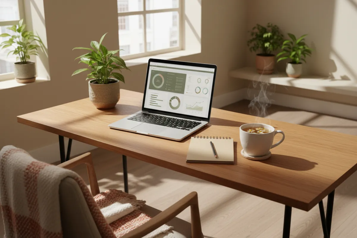 A calm, professional workspace with a laptop open to a dashboard, a notepad, and a cup of herbal tea. Soft daylight filters in, suggesting a peaceful, focused environment. No people are present. Earthy tones and minimal decor reinforce a grounded, supportive atmosphere.