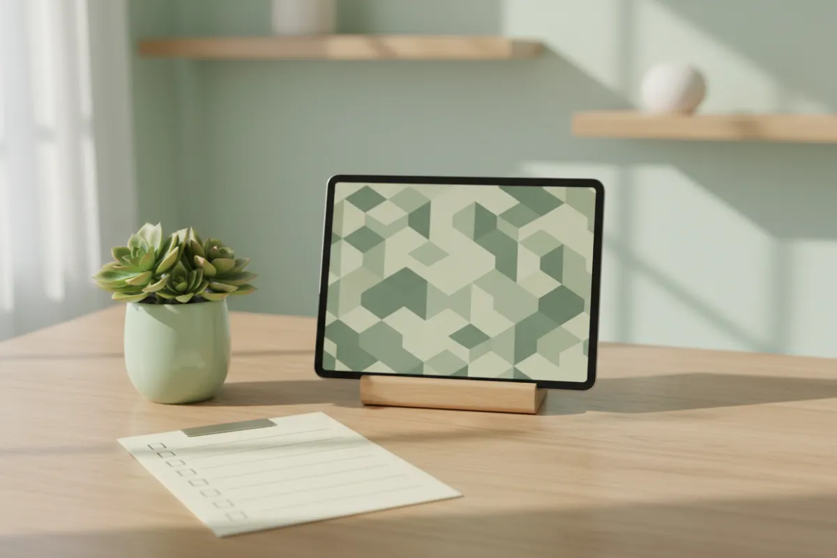 A checklist on a wooden desk beside a plant, with a tablet displaying a welcome screen. The scene is bright and organized, evoking clarity and calm. No people are visible. The color palette is soft green and natural wood, emphasizing a seamless onboarding process.