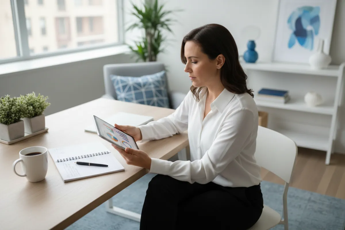 A focused woman in her 30s, reviewing business analytics on a tablet in a bright, modern home office. She appears confident and organized, with a notepad and coffee nearby. The setting is tidy, with subtle blue accents and a sense of calm productivity.