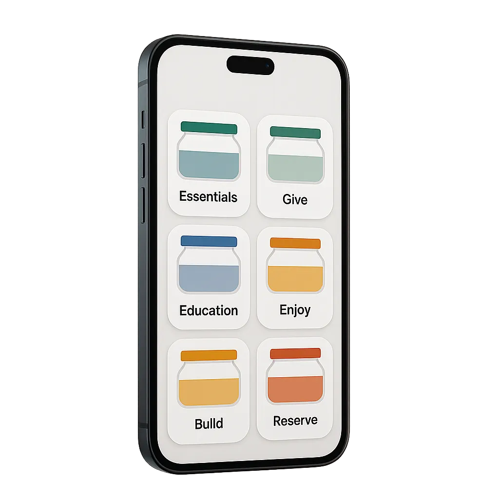 PESOJAR App Dashboard Mockup showing the Six-Jar tracking system