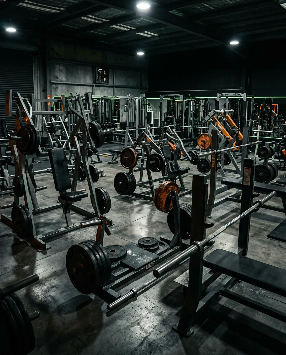 Daunting high-contrast gym floor with heavy weights and complex machines under moody industrial lighting