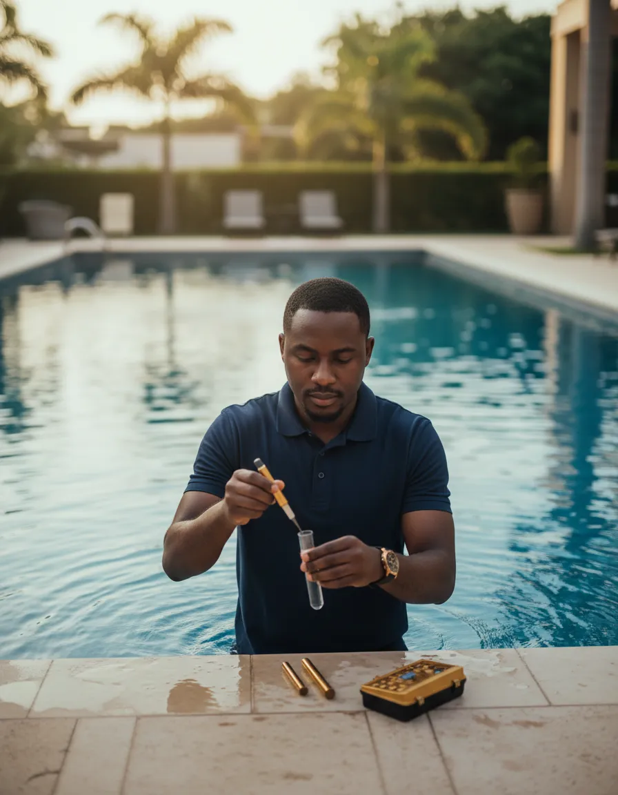 Emmanuel Nwaiwu performing meticulous pool maintenance for GeoAid Pools