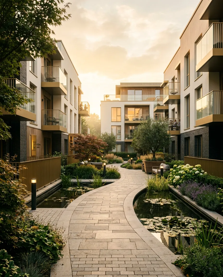 Architectural view of a luxury apartment community courtyard with modern residences