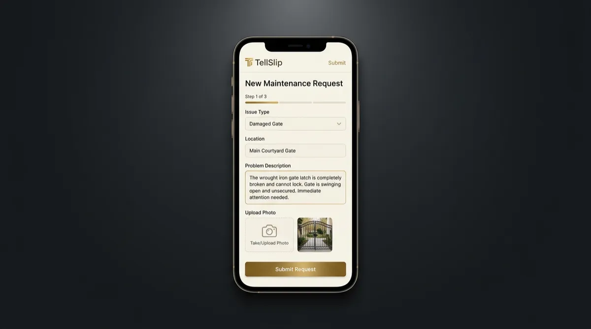 Fictional mobile resident report submission showing courtyard gate damage photo and brief note
